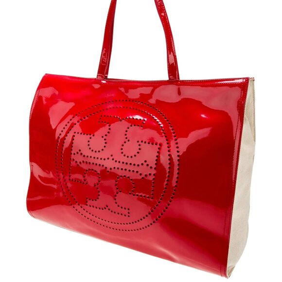 Tory Burch Ella Red Patent Leather Canvas Monogram Large Bag Tote Gold MINT - Picture 7 of 13